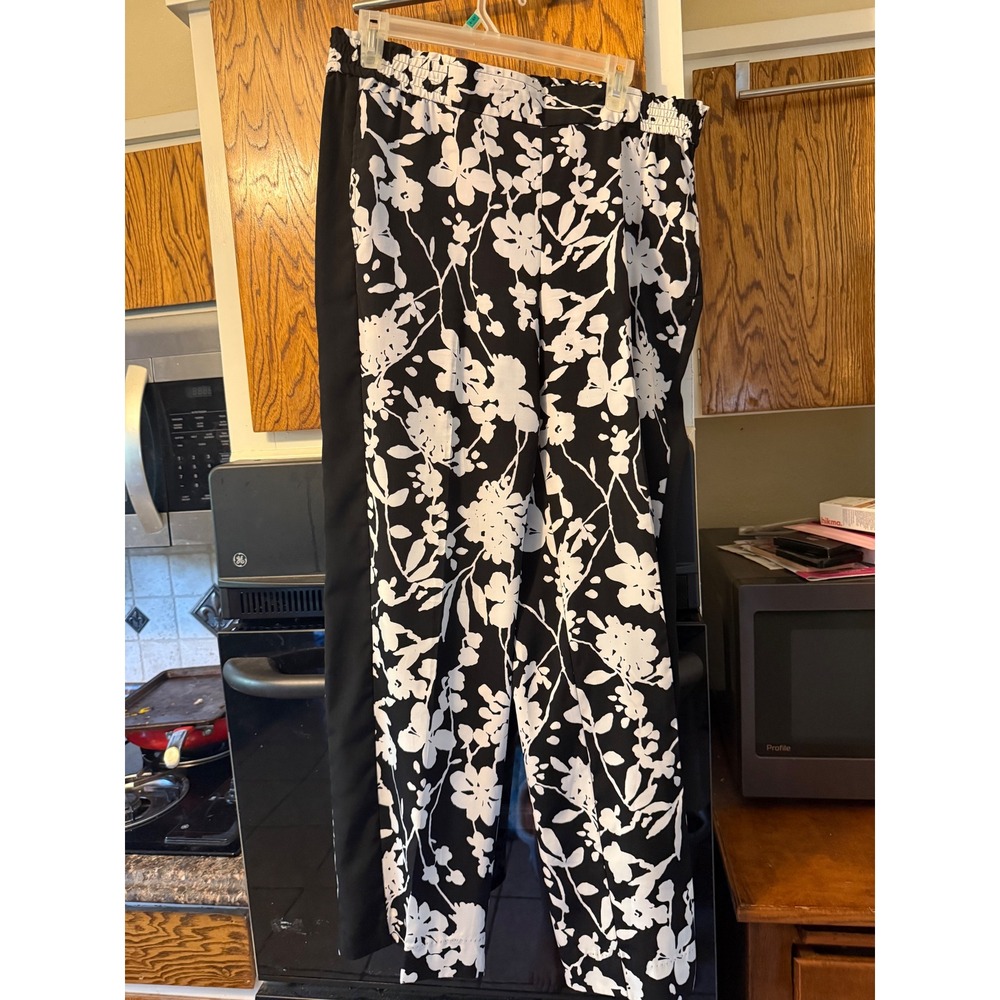 Investments Womens‎ Floral Print Pull On Pants Black White Side Stripe Size M